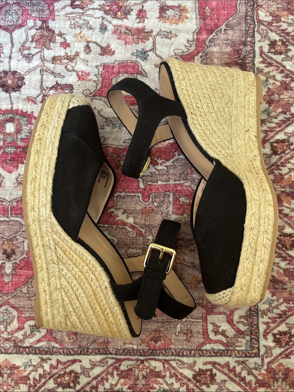 Time and Tru Black Espadrille Wedge Sandals with Gold Buckle